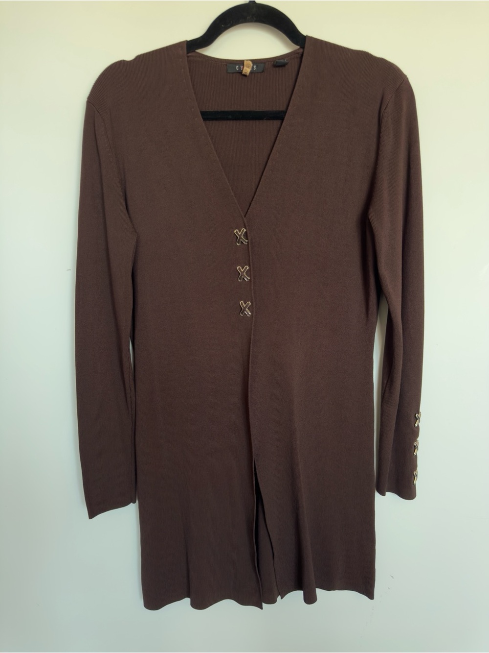 CYRUS Ribbed X Long Sleeve V-Neck Brown Cardigan with Button Detail